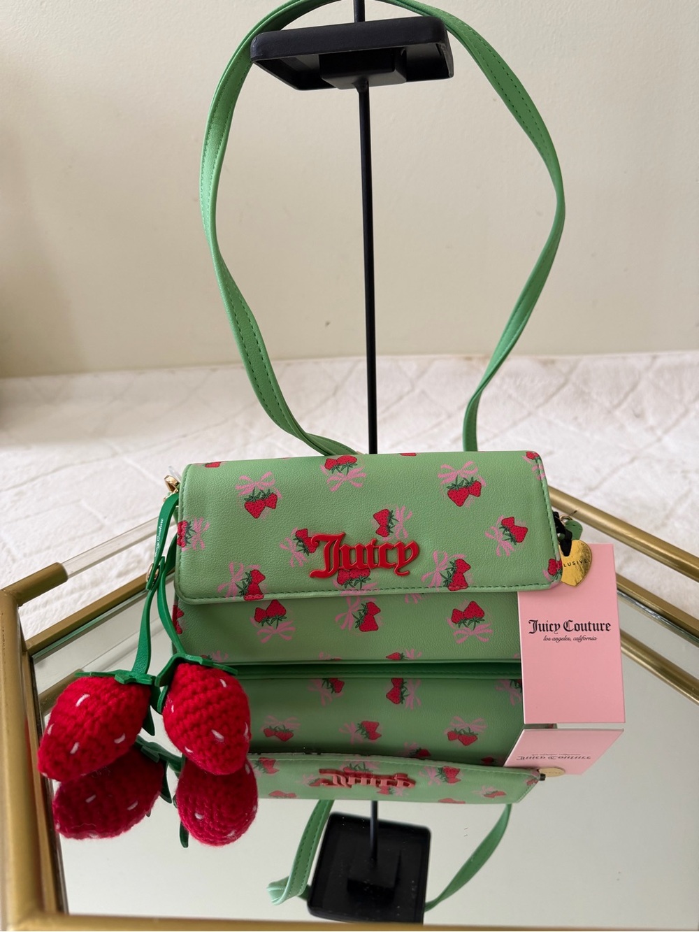 Juicy Couture Green Strawberry Print Crossbody with Red Charm